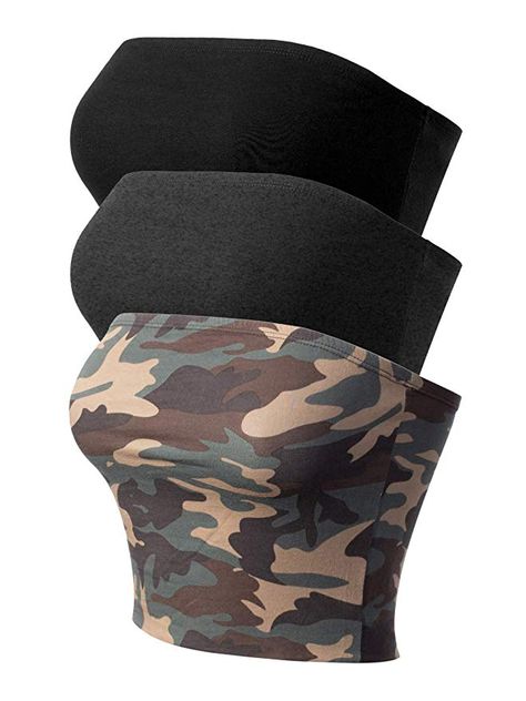 MixMatchy Women's Causal Strapless Cute Basic Solid Cotton Tube Top 3PACK - Black/Charcoal/Camo L at Amazon Women’s Clothing store Womens Basic, Active Women, Amazon Women, Cropped Top, Black Charcoal, Tube Top, Women Lingerie, Double Layer, Clothing Store