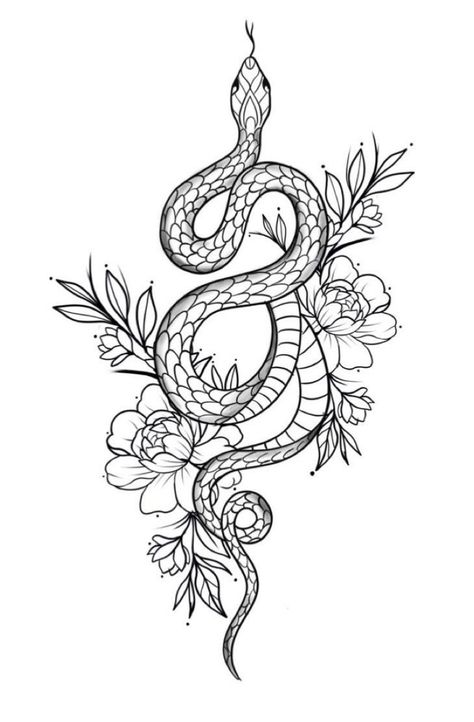 Sunflower Snake Tattoo, Snake And Flowers Tattoo Arm, Year Of The Snake Tattoo, Snake Tattoo On Leg, Snake Tattoo Stencil, Years Tattoo, Snake Outline, Hand Tattoos Ideas, Snake And Flowers Tattoo