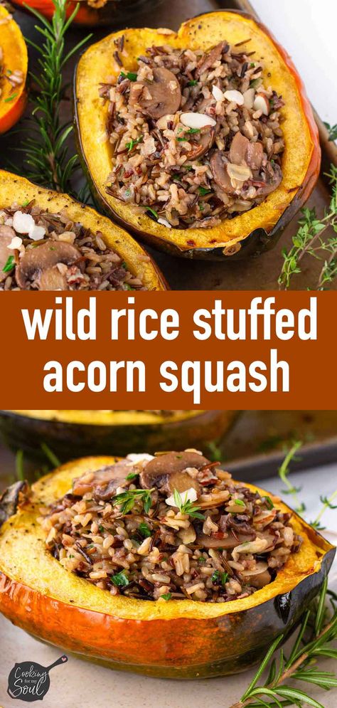 Wild Rice Stuffed Acorn Squash with mushrooms! This delightful stuffed acorn squash is made with fragrant wild rice pilaf. Wild Rice Stuffed Acorn Squash, Rice Stuffed Acorn Squash, Acorn Squash Recipes Healthy, High Protein Low Carb Recipes Dinner, Acorn Squash Stuffed, Acorn Squash Recipe, Wild Rice Pilaf, Wild Rice Recipes, Roasted Acorn Squash