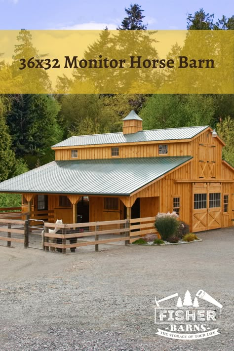 36x32 large horse barn 3 Stall Horse Barn Plans, Livestock Barn Plans, Barn Plans Layout, Horse Stall Ideas Diy, Horse Barn With Apartment, Monitor Barn Plans, Barn Ideas Buildings, Small Horse Barn Ideas Layout, 4 Stall Horse Barn Plans