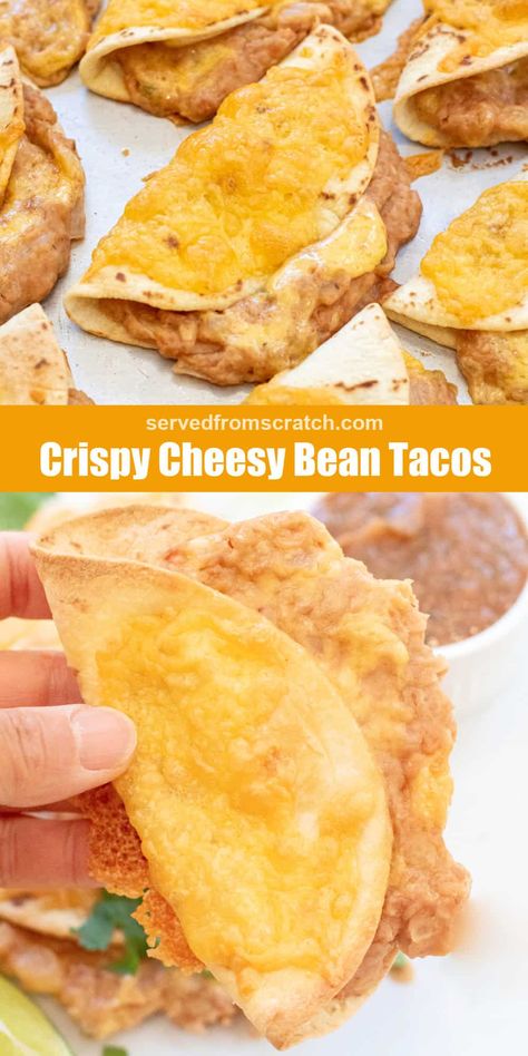 These Crispy Cheesy Bean Tacos are packed full of plant protein with plenty of cheese and a crispy crust and can be ready and on the table in under 20 minutes! Bean And Cheese Tacos, Tasty Tacos Recipe, Canning Refried Beans, Vegetarian Platter, Homemade Refried Beans, Roasted Tomato Salsa, Taco Soup Crock Pot, Crock Pot Tacos, Bean Tacos