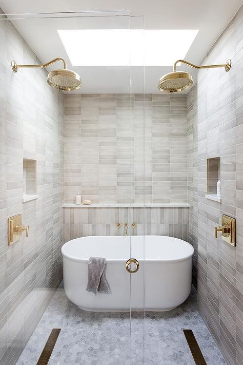 Double Shower Head Master Baths, White Mosaic Bathroom, Tile Shower Niche, Marble Shower Tile, Bathroom With Tub, Master Shower, Wet Room, Transitional Bathroom, Main Bathroom