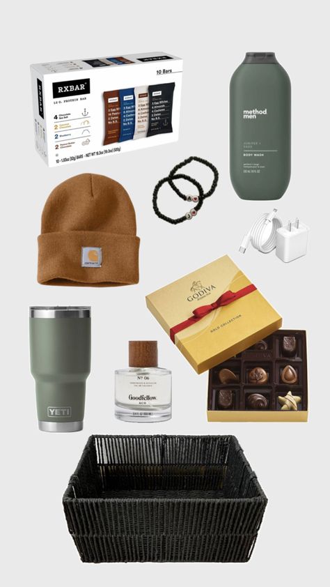 Valentines Day Gift Basket for Him #valentines #day #valentine #valentinesday #gift #basket #giftbasket #love #hugs #kisses #xoxo #present #yeti #cologne #carhartt #carharttbeanie #beanie #hat #carhartthat #bodywash #man #men #boy #guy #charger #iphone #iphonecharger #proteinbars #protein #chocolate #godiva #chocolates #bracelets #matchingbraceletes #green #dark Christmas Basket Gift Ideas Boyfriend, Valentines Day Gift Basket, Gift Basket For Him, Boyfriends Birthday Ideas, Mens Valentines Day Gifts, Valentines Day Baskets, Charger Iphone, Gift Baskets For Him, Love Hugs