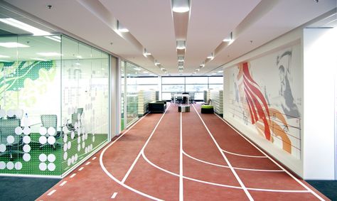 Wall and Glass Graphics, ASICS Australia, THERE Design Indoor Running Track, Sports Office, Corporate Interior Design, Office Design Inspiration, Running Track, Environmental Graphic Design, Office Branding, Corporate Interiors, Workplace Design