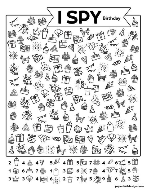 The perfect birthday party game activity for wiggly little ones at your next birthday party. #papertraildesign #birthdaygame #boysbirthday #boybirthday #girlbirthday #girlsbirthday I Spy Birthday, Kids Birthday Party Activities, Paper Trail Design, Summer Worksheets, I Spy Games, Trail Design, Spy Games, Christmas Worksheets, Birthday Activities