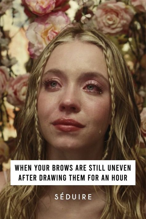 The photo is a screenshot from the tv series "Euphoria," in which a female character's face is in view and she is looking up with tears streaming down her face. There is text layered right under her face that reads "When your brows are still uneven after drawing them for an hour." Brow Quotes Eyebrows, Brow Quotes, Permanent Makeup Studio, Ombre Lip, Brow Studio, Permanent Cosmetics, Lip Blush, Social Media Photography, Media Photography