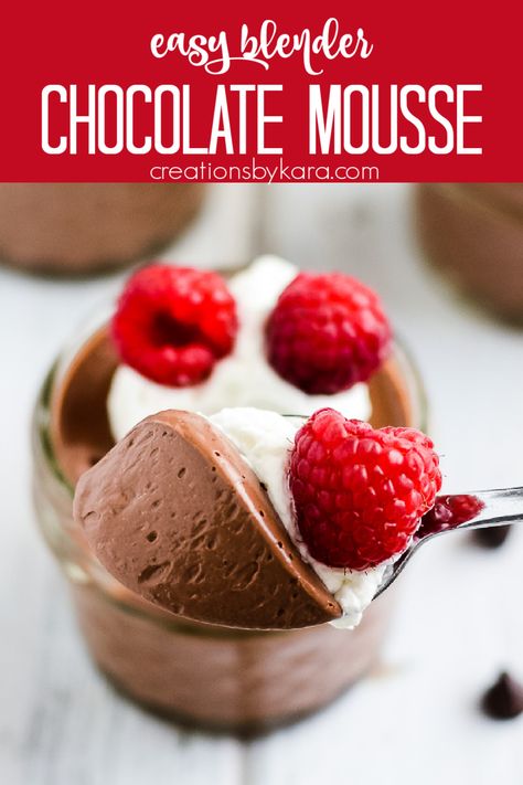 Rich and creamy Chocolate Mousse made in a blender. It only takes 10 minutes to prepare, and makes an elegant dessert! Includes instructions for making it low carb. #blenderchocolatemousse #darkchocolatemousse #easychocolatemousse #ketochocolatemousse -from Creations by Kara Milk Chocolate Mousse Recipe, Mousse Au Chocolat Torte, Egg Free Desserts, Easy Chocolate Mousse, Cake Mug, Mocha Chocolate, Chocolate Mousse Recipe, Quick Easy Desserts, Mousse Recipes