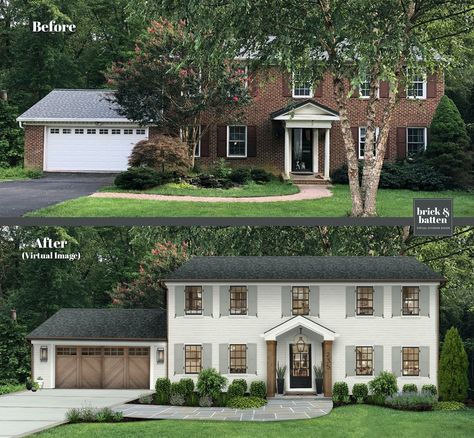 Two Story Landscaping Ideas, Brick House Exterior Renovation, Traditional Brick House Exterior Makeover, Palladium Windows Exterior, Colonial Makeover Exterior, Exterior Remodel Brick, Update Colonial House Exterior, Updating Brick House Exterior, Colonial Brick House Exterior