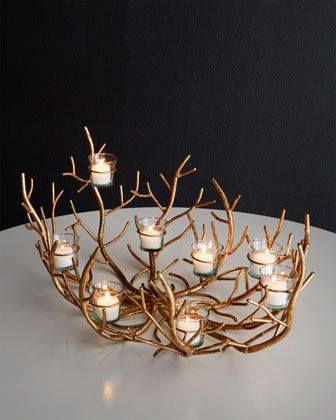 Thanksgiving Table Decorations Ideas, Log Cabin Decorating, Gold Twigs, Log Cabin Decor, Holiday Table Settings, Holiday Candles, Votive Holder, Candle Light, Thanksgiving Ideas