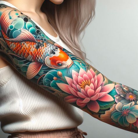 Arm Tattoo Wonder: Awe-Inspiring Art | Pocoko Feminine Japanese Sleeve, Koi Arm Tattoo, Koi Lotus Tattoo Design, Koi Fish Sleeve Tattoo For Women, Koi And Lotus Tattoo, Tattoo Carpe Koi, Lotus Tattoo Ideas For Women, Tattoo Lotus, Koi Fish Tattoo For Women