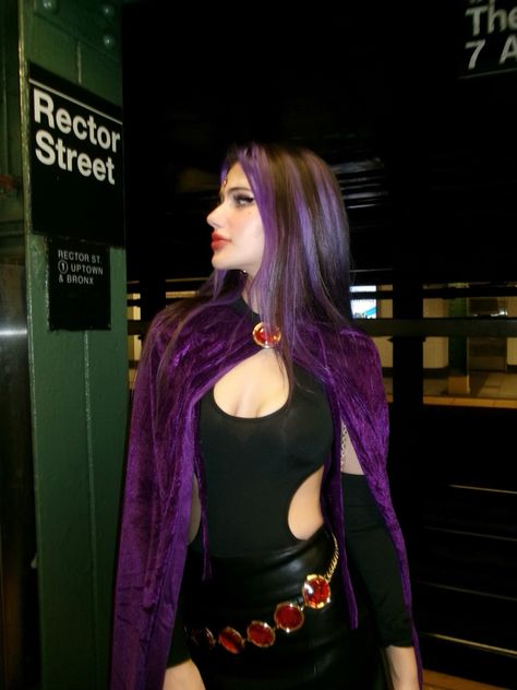 #fashion #halloween #halloweencostume #halloweenideas #halloweenmakeup #purple #raven #purplehair #nyc #newyork #newyorkcity #aesthetic #inspiration #cosplay #y2k #digitalcamera #makeup #costume Marvel Female Halloween Costumes, Marvel Superhero Costumes Women, Halloween Costumes With Long Black Hair, Costumes For Purple Hair, Dark Hair Halloween Costumes Women, Characters With Purple Hair Halloween, Raven Costume Aesthetic, Woman Villian Costume, Halloween Costumes For Purple Hair