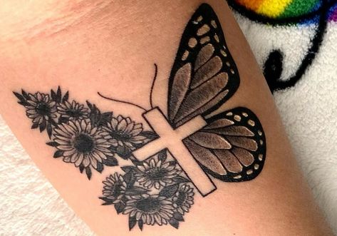 Cross Butterfly Tattoo For Women, Hope Butterfly Tattoo, Butterfly Tattoo With Scripture, Cross With Butterflies Tattoo, Tattoo Ideas Female Sleeve Butterflies, Cross And Butterfly Tattoo For Women, Butterfly Mom Tattoo, Cross Tattoo With Butterflies, Butterfly With Cross Tattoo