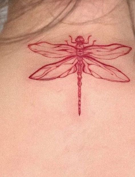 Dragonfly Red Tattoo, Thigh Dragonfly Tattoo, Dragon Fly Wing Tattoo, Cute Dragon Fly Tattoo, Dragonfly Design Tattoo, Dragon Fly Tattoo Sternum, Dragon Fly Tattoo Ideas, Dragon Fly Wings Tattoo, Red Dragon Fly Tattoo