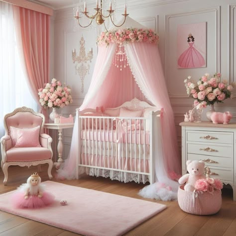 Pink Princess Nursery Ideas, Princess Theme Nursery Ideas, Princess Baby Room, Pink Princess Nursery, Baby Girl Room Decorating Ideas, Girly Nursery Ideas, Nursery Guest Room Combo, Pink Baby Room