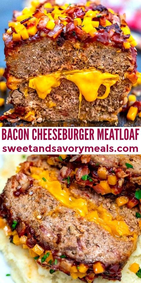 Bacon Cheeseburger Meatloaf is moist, flavorful, and cheesy! #bacon #cheeseburger #meatloaf #sweetandsavorymeals #beefrecipes Cheesy Bacon Meatloaf, Recipes Hamburger Meat, Cheeseburger Meatloaf Recipes, Kid Dinner, Bacon Cheeseburger Meatloaf, Fodmap Dinner, Recipes Hamburger, Recipes Eggs, Cheeseburger Meatloaf