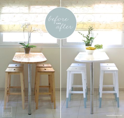 IKEA furniture is often regarded as disposable but here's a great example of breathing life into old furniture! Cheap Kitchen Makeover, Diy Kitchen Table, Kitchen Table Makeover, Kitchen Ikea, Gloss Kitchen, Small Kitchen Tables, Kitchen Diy Makeover, Ikea Chair, Diy Ikea Hacks