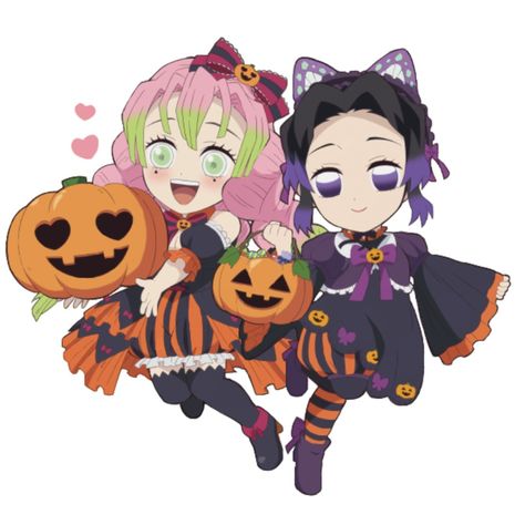 Happy Halloween 🎃 Halloween Demon Slayer, Kny Halloween, Mitsuri And Shinobu, Shinobu And Mitsuri, Chibi Demon Slayer, Chibi Kny, Demon Slayer Chibi, Kny Base, Shinobu Kocho