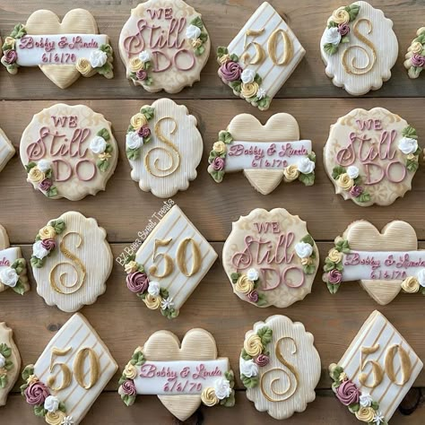 50th Wedding Anniversary Colors, 50th Wedding Anniversary Cookies Decorated, Anniversary Party Cookies, 50th Anniversary Dessert Table, Anniversary Cookies Ideas, 60th Wedding Anniversary Cookies, Vow Renewal Cookies, 50th Anniversary Desserts, 60th Anniversary Cookies