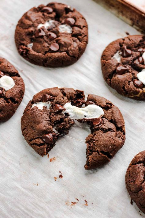 Gooey Chocolate Marshmallow Cookies Recipe | Baked Abundance Cookie Recipes With Mini Marshmallows, Malted Chocolate Cookies, Double Chocolate Marshmallow Cookies, Hot Chocolate Cookies With Marshmallows, Cookies With Mini Marshmallows, Marshmallow Fluff Cookies, Chocolate Marshmallow Cookie, Chocolate Chip Marshmallow Cookies, Chocolate Marshmallow Cookies