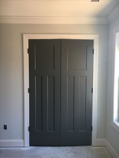 BM Kendall Charcoal doors, BM Gray Owl walls, SW Snowbound trim Bm Kendall Charcoal, Charcoal Doors, Interior Front Door Colors, Benjamin Moore Kendall Charcoal, Gray Doors, Interior Door Colors, Grey Interior Doors, Kendall Charcoal, Painted Interior Doors