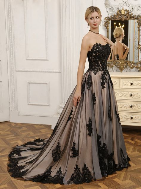 Strapless Tulle Ball Gown Wedding Dresses with Beading & Appliques-Lavetir Black Plus Size Wedding Dress, Wedding Dresses With Beading, Tulle Ball Gown Wedding Dress, Dresses With Beading, Black Wedding Gowns, Prom Dress Inspo, Funky Dresses, Pretty Wedding Dresses, Dark Wedding