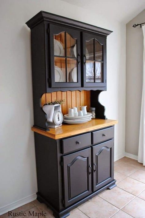 How To Style A Hutch, Rustic Hutch, Buffet And Hutch, Oak Buffet, Black Painted Furniture, Home Bar Cabinet, Hutch Makeover, Home Coffee Bar, Coffee Bar Home