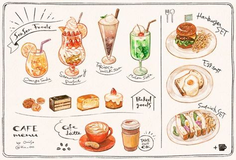 Cooking Icon, Drink Doodles, Drawn Food, Menu Illustration, Cooking Photography, Dessert Illustration, 귀여운 음��식 그림, Food Reference, Food Sketch