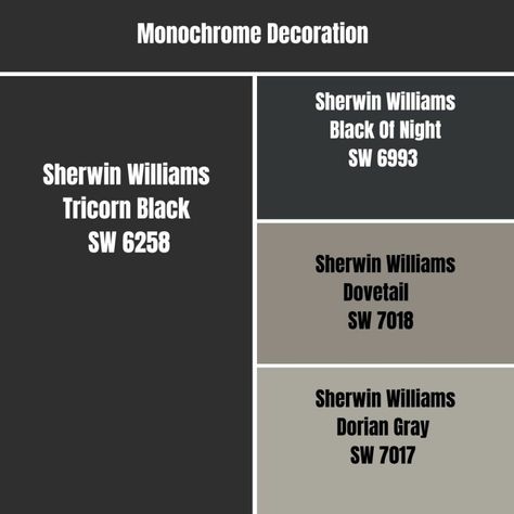 Monochrome Decoration Color Palette For House, Tricorn Black Exterior, Tricorn Black Color Palette, Monochrome Decoration, Sherwin Williams Tricorn Black, Tricorn Black, Black Palette, Darkest Black Color, Light Sea Green