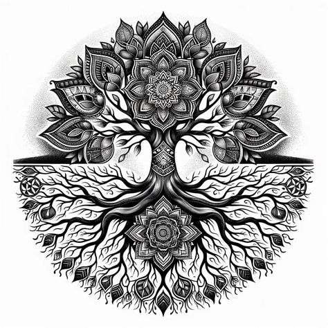 tree of life with Mandala Check more at https://ideatatto.com/animals/tree-of-life-with-mandala/ Mandala And Nature Tattoo, West African Tattoo Ideas, Tree Of Life Mandala Drawing, Earth Mandala Tattoo, Metaphoric Tattoos, Amethyst Tattoo Ideas, Mandala Tree Of Life Tattoo For Women, Healing Mandala Tattoo, Flowers For Tattoos