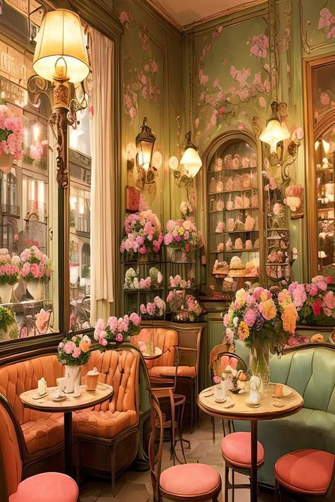 Cafe in Paris, France ~~ - Coffee, breakfast and more Cafe In Paris, Vintage Coffee Shops, Tea Room Decor, Bakery Interior, Bakery Design Interior, Parisian Cafe, Book Cafe, Cute Cafe, French Cafe