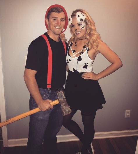 Halloween Couple Costume, firefighter and Dalmatian! Dalmation And Firefighter Costume Couple, Dalmation Halloween Costume Women, Diy Dalmation Costume Women, Dalmatian And Firefighter Costume, Dalmation Costume Women, Dalmatian Costume Women's, Dalmatian Makeup Women, Dalmatian Makeup, Boyfriend Halloween