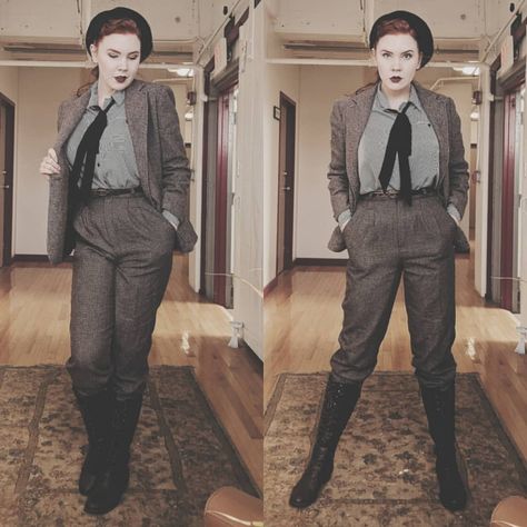 Feeling that spook. ☠️ - - - (Beret is from Primark, top is thrifted, black tie thingy is from Amazon, blazer was my grandmother's, trousers are thrifted, boots are Breckelles) Rachel Masky, Rachel Maksy, Primark Tops, Teddy Girl, Period Outfit, Rwby, Dandy, Black Tie, Pretty Outfits