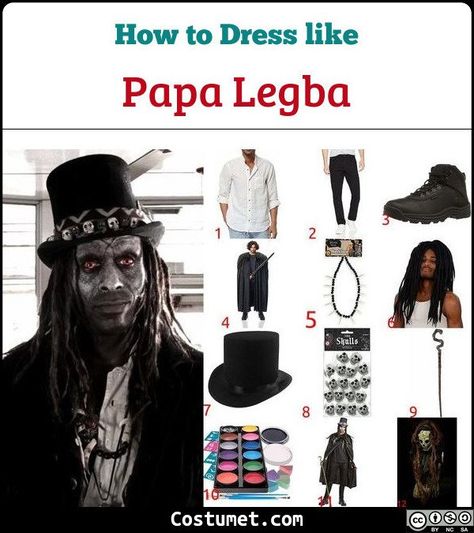 Papa Legba’s whole outfit can be described as intimidating. He wears a white linen button-down, black pants, black boots, a black fur cape, a black top hat, and a voodoo necklace.            #Male #male #scary #tv #creepy #AmericanHorrorStory #voodoo Voodoo Priest Makeup, Voodoo Costume Men, Male Witch Outfit, Male Halloween Costume Ideas, Black Pants Black Boots, Voodoo Necklace, Voodoo Man, Warlock Costume, American Horror Story Costumes