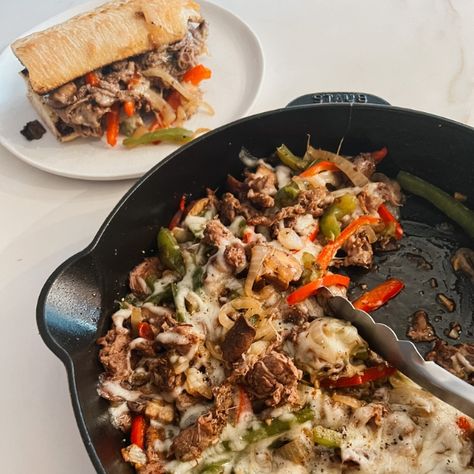 Cheesesteak Skillet - Brocc Your Body Philly Cheese Steak Skillet, Cheese Steak Skillet, Philly Cheesesteak Skillet, Cheesesteak Skillet, Steak Skillet, Skillet Steak, Cheese Steak Sandwich, One Skillet Meals, Cheese Steak