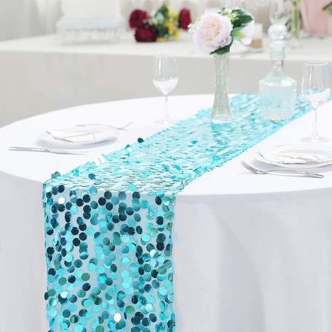 13"x108" Big Sequin Runners Turquoise Payette Table Runners | eFavorMart Banquet Table Decorations, Turquoise Table, Sequin Table Runner, Sequin Table, Table Overlays, Bridal Table, Banquet Tables, Mermaid Party, Glitz And Glam