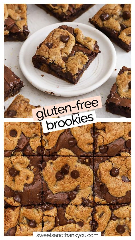 These Gluten-Free Brookies are part brownie and part cookie, for a delicious, decadent dessert that gives you the best of both worlds in every bite! We combine classic chocolate chip cookie flavor with decadent fudgy brownies for one amazing gluten-free cookie bar that's perfect for sharing. Enjoy it on its own, or turn it into an ice cream sundae for an even more indulgent treat! Cookie Cake Gluten Free, Gluten And Soy Free Desserts, Gluten Free Cookie Brownie Bars, Gluten Free Bake Sale Treats, Gluten Free Football Desserts, Nut Free Gluten Free Dessert, Gluten Free Sweet Recipes, Gf Chocolate Desserts, Gluten Free Bakery Recipes