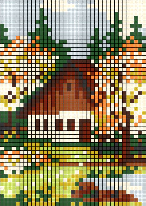 Pixel Nature Art, Alpha Patterns Landscape, House Alpha Pattern, Large Alpha Patterns, Minecraft Alpha Pattern, Nature Pixel Art, Pixel Art Nature, 32x32 Pixel Art Grid, Cabin Woods