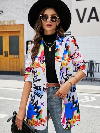 SHEIN Slogan & Graffiti Print Single Button Blazer | SHEIN USA Women Blazers, Ladies Blazer, Single Button Blazer, Printed Blazer, Classy And Fabulous, Blazer Buttons, Colored Blazer, Blazers For Women, Fashion Online Shop