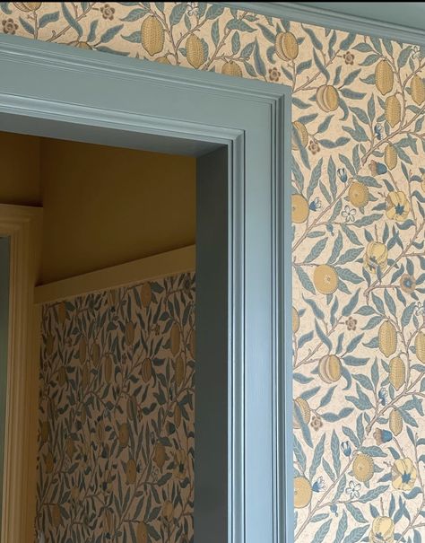 Jessica Helgerson, Material Samples, Hall Wallpaper, Hallway Wallpaper, Hallway Inspiration, Farmhouse Remodel, Blue Trim, Spare Room, Eclectic Home