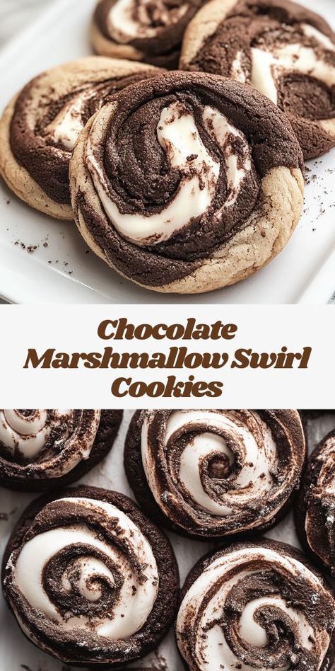 Baked these Gooey Chocolate Marshmallow Swirl Cookies, and they're the perfect mix of rich chocolate and gooey marshmallow goodness! Ingredients: 2 cups all-purpose flour ¾ cup unsweetened cocoa powder ½ teaspoon baking soda ¼ teaspoon salt 1 cup unsalted butter, room temperature 1½ cups granulated sugar 2 large eggs, room temperature 2 teaspoons vanilla extract 1 cup marshmallow fluff or 12 large marshmallows, cut into pieces Chocolate Marshmallow Cookies, Swirl Cookies, Marshmallow Cookies, Baked Dessert, Chocolate Marshmallow, Chocolate Marshmallows, C Is For Cookie, Baked Dessert Recipes, Cookie Exchange