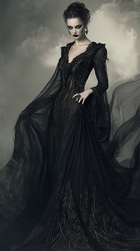 Enchanting dark sorceress in a Scorpio-inspired spider silk gown, shrouded in mystical fog, embodying the essence of gothic fashion. Gothic Evening Gown, Gothic Royalty Aesthetic, Psychic Outfit, Ethereal Costume, Sorceress Dress, Sorceress Outfit, Vampire Gown, Fantasy Art Ideas, Ethereal Goth