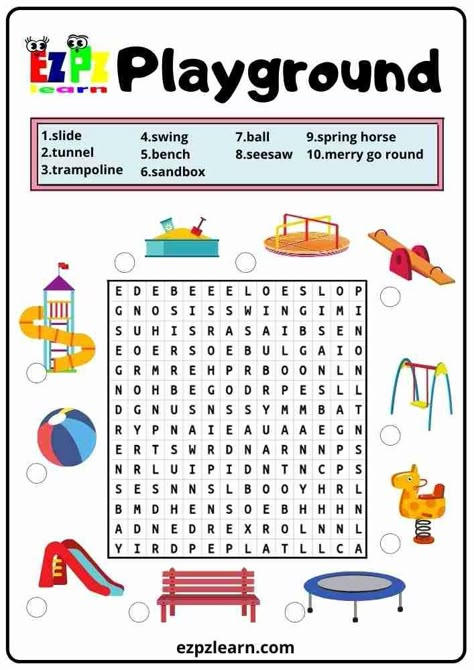 Free Printable Word Search Worksheets For Kids Topic Playground Kindergarten Preschool Game Phonics Reading Activities, Five Senses Preschool, Word Puzzles For Kids, Playground Activities, Worksheet Kindergarten, Reading Comprehension Kindergarten, English Activities For Kids, English Exercises, English Worksheets For Kids