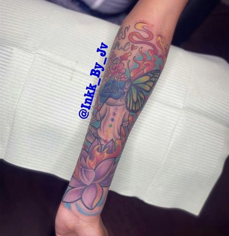 Forearm Tattoo Women Colorful, Colorful Spiritual Tattoos, Colorful Tatoos Woman, Colorful Tattoo Sleeve Women, Colorful Arm Tattoos, Color Sleeve Tattoo Women, Colored Tattoos On Brown Skin, Colorful Tattoos For Black Women, Colorful Tattoos For Women