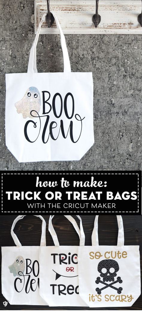 Make cute trick or treat bags with the cricut maker. Includes free Halloween SVG files. #cricutmaker #cricut #halloweensvg Halloween Bags Diy Cricut, Cricut Trick Or Treat Bags, Halloween Diy Treat Bags, Diy Trick Or Treat Bags, Cricut Bags, Halloween Bags Diy, Free Halloween Svg, Halloween Trick Or Treat Bags, Shirt Svgs