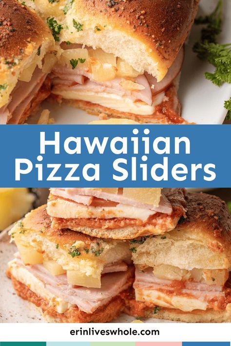 Hawaiian Pizza Sliders, Hawaiian Pizza Recipe, Pizza Sliders, Pizza Slider, Pineapple Pizza, Canadian Bacon, Sliced Ham, Hawaiian Rolls, Bacon Cheese