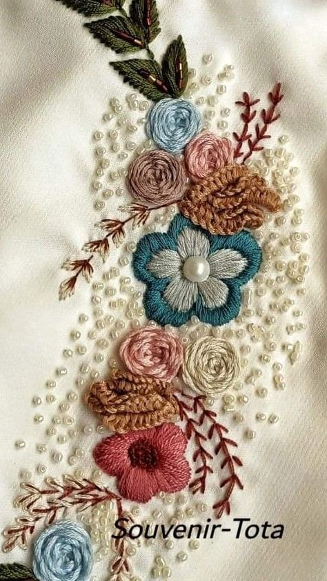 Rumal Hand Work Design, Hand Work Embroidery Neck Design, Embroidery Crochet, Hand Beaded Embroidery, Bead Embroidery Tutorial, Hand Embroidery Patterns Flowers, Hand Embroidery Videos, Hand Embroidery Tutorial, Handmade Embroidery Designs