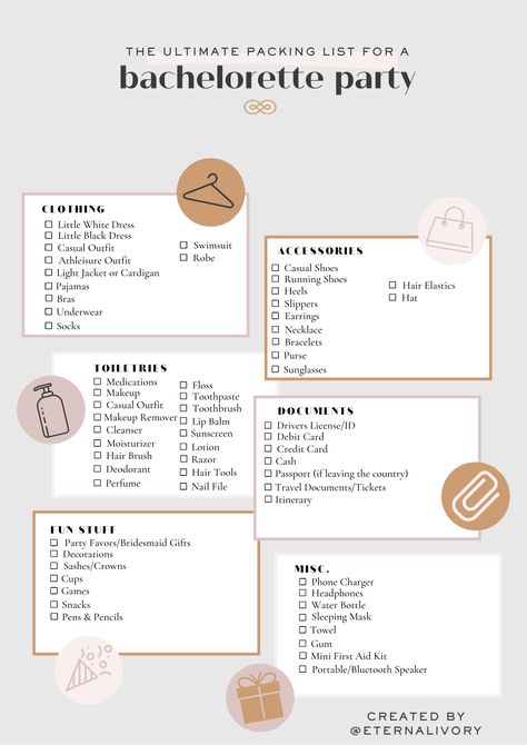 We've compiled our must-haves and don't forgets all into one bachelorette party packing list JUST FOR YOU! From all the essentials to those things you might not even think about...keep scrolling to grab this list and be prepared for whatever comes your way! Pack For Bachelorette Weekend, Bachelorette List To Do, Hen Party Essentials, Bachelorette List To Bring, Packing List For Bachelorette Weekend, Packing For Bachelorette Weekend, Bachelorette Grocery List, Bachelorette Packing List The Bride, Bridesmaid Packing List