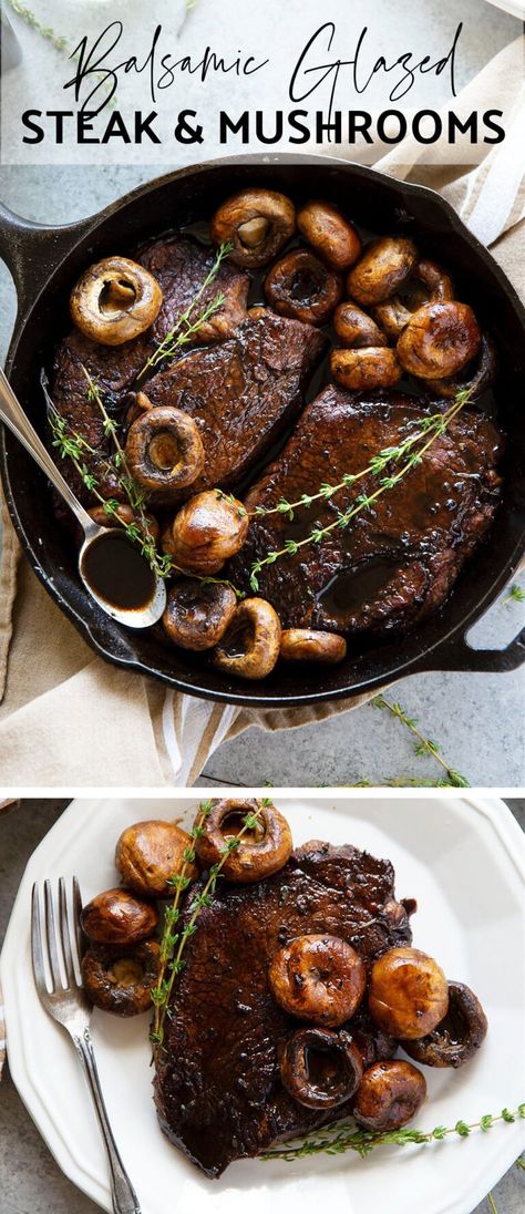 This balsamic glazed steak is made entirely in one skillet and features juicy seared steaks in a rich balsamic glaze with plenty of sauteed mushrooms on the side. Glazed Steak, Rosemary Mushrooms, Balsamic Steak, Hamburgers Grilled, Sirloin Tips, Top Sirloin Steak, Steak And Mushrooms, Honey Balsamic, One Skillet