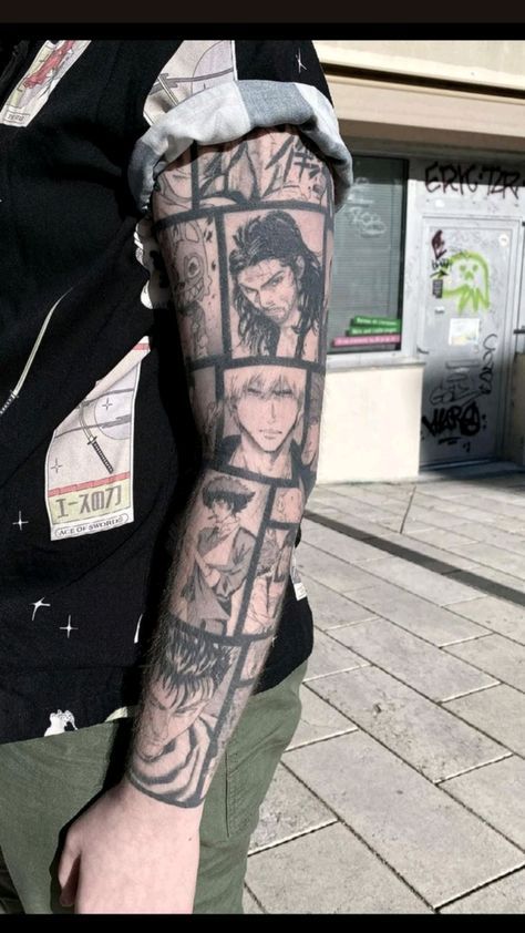 #TattooArt #InkLife #BodyArt #TattooInspiration #InkedUp #TattooLove #TattooedWomen #TattooedMen #InkCommunity #TattooStories Fandom Tattoo Sleeve, Manga Panel Tattoo Sleeve, Manga Tattoo Sleeve, Bleach Tattoo Anime, Anime Panel Tattoo, Anime Sleeve Tattoo, Manga Panel Tattoos, Case Tattoo, Go Beyond Plus Ultra