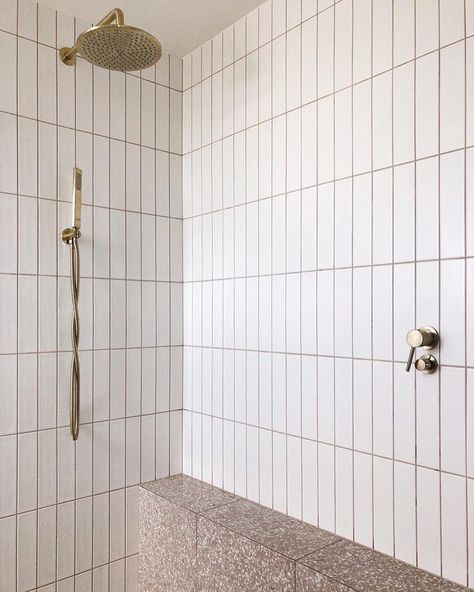 TileCloud’s Instagram photo: “@chanchancottage has just finished this amazing bathroom using our Riverton Matt White Subway Tile and Paddington Terracotta Terrazzo Look…” Terracotta Grout, Bathroom Grout Color, Matte White Subway Tile, Bathroom Grout, Blue Bathroom Tile, Subway Tiles Bathroom, Bohemian Bathroom, Bathroom Shower Design, White Bathroom Tiles